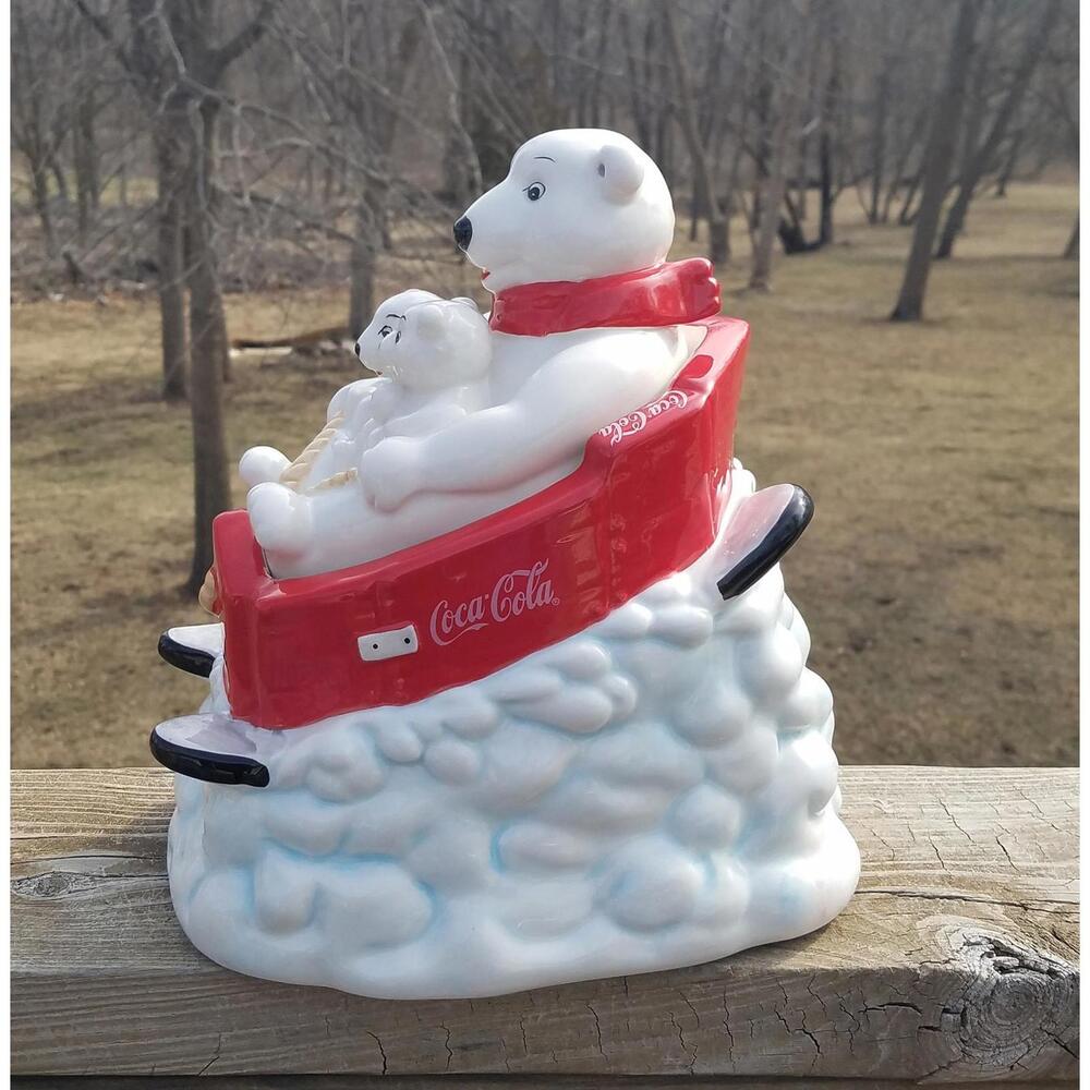 Coca cola advertising, ceramic cookie jar, Gibson Polar Bear sledding, Christmas